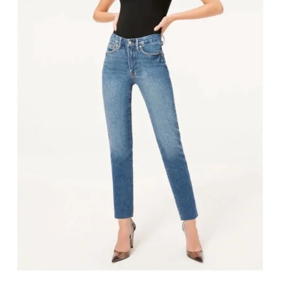 NWT Good American Good Classic Slim Straight Jeans sz 12 31 Medium Blue Raw Hem - Picture 2 of 9